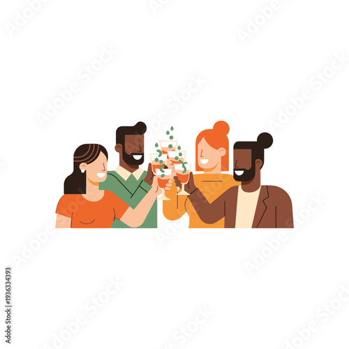 Diverse friends celebrating with champagne toast at a party, happy people clinking glasses