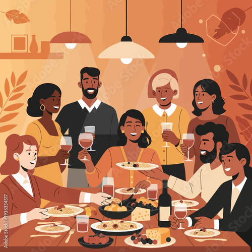 Diverse friends enjoying a festive dinner party with wine and food