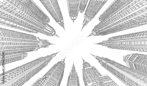 Black and white illustration of a cityscape with skyscrapers radiating from the center