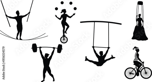 Circus performers silhouettes set featuring tightrope walker, juggler on unicycle, trapeze artist, strongman lifting weights, aerialist, and female cyclist on white background, vector illustration.