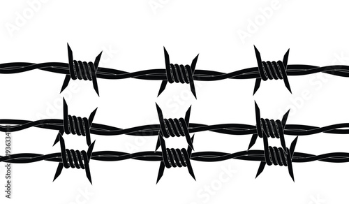 Closeup of black barbed wire strands with sharp points