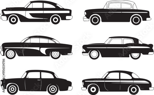 Classic vintage cars black silhouette set featuring various antique automobile models and retro vehicle designs for automotive history, restoration, and transportation vector illustration.