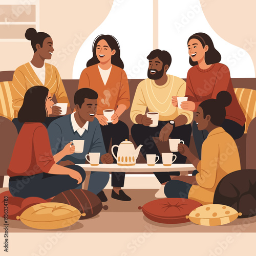 Diverse friends enjoying coffee and conversation in a cozy living room