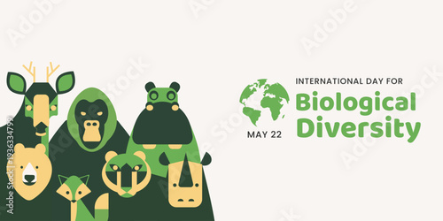 International Day for Biological Diversity. May 22. Wildlife concept. Vector design with abstract shapes of various animals. Template for posters, banners, social media, and postcards.2