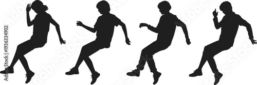 Dancing boy silhouette collection, hip hop dance poses vector illustration set, energetic teenager movement isolated on white background