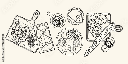 A charming line drawing of various cheeses olives and bread