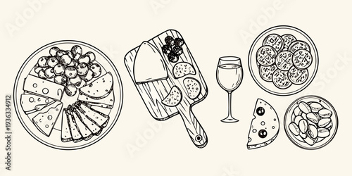 Sketch of charcuterie board with cheeses meats olives and wine