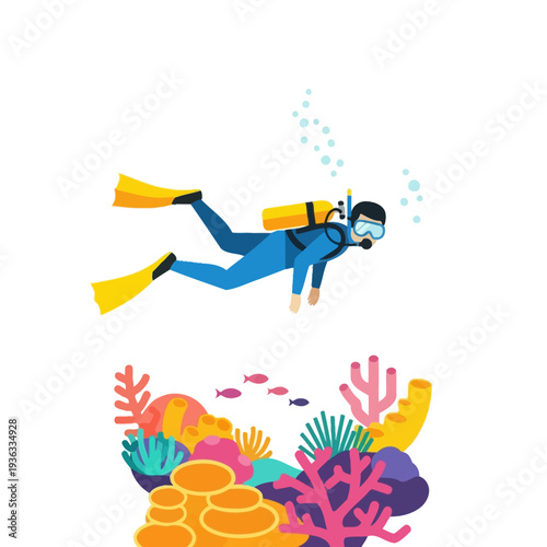 Scuba Diver Exploring Vibrant Coral Reef with Small Fish and Bubbles