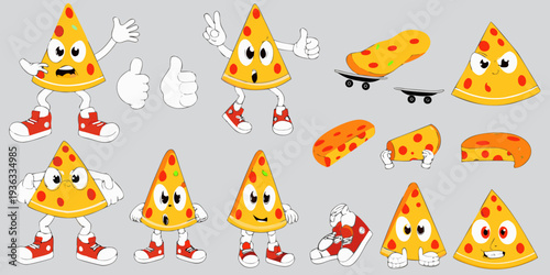 Cartoon pizza slices with faces displaying various playful gestures