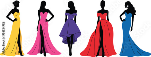 Elegant women evening gown silhouettes collection, fashion models in colorful long dresses isolated on white background, glamorous style vector illustration set