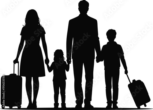 Family travel silhouette with parents and children holding hands, carrying luggage suitcases, vacation journey concept vector illustration isolated on white background