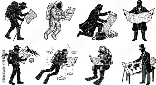 Explorers reading maps in different environments, black and white vector illustration set of adventurer, astronaut, diver and vintage traveler characters