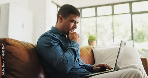Tableau sur toile Businessman, thinking and home with laptop on sofa for business idea, planning or strategy