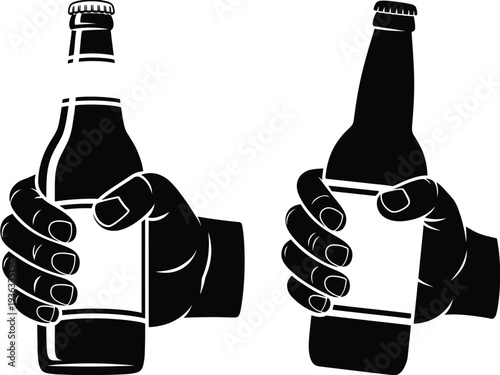 Two individuals are holding up bottles of beer, one in each hand, against a white background. isolated on white background, Vector, illustration