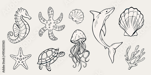 Black and white illustration of various marine life and ocean elements