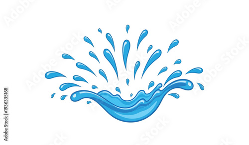A blue water splash with droplets flying upwards in all directions creating a dynamic effect