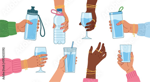 Diverse hands holding various vessels filled with clear refreshing water promoting healthy hydration habits