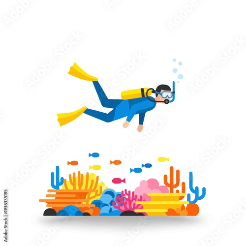 Scuba Diver Exploring Vibrant Coral Reef with Small Fish