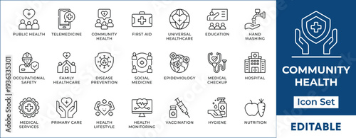 Community Public Health Medical Telemedicine Healthcare Vector Icon Set