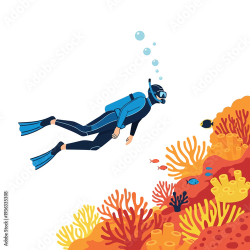 Scuba diver exploring vibrant coral reef with tropical fish and bubbles