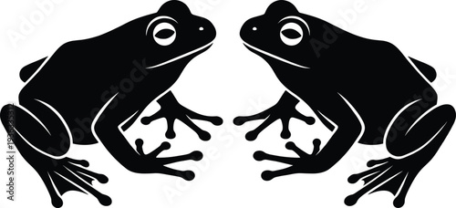 Frog silhouette pair, black vector illustration of two tree frogs facing each other isolated on white background