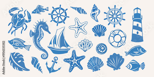 A collection of blue nautical illustrations featuring sea life and objects
