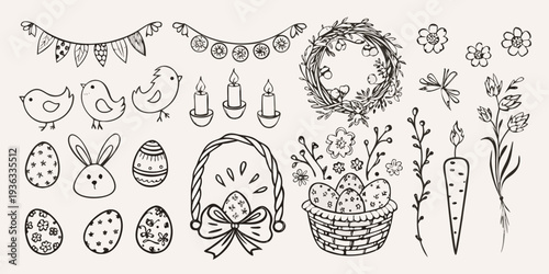 Hand drawn easter elements including bunnies eggs flowers and festive decorations