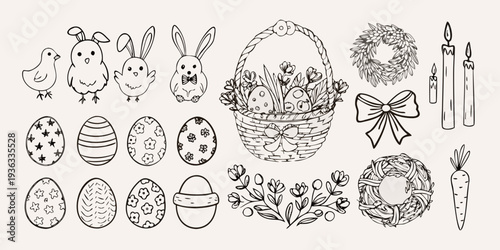 Hand drawn easter elements including bunnies eggs and floral wreaths