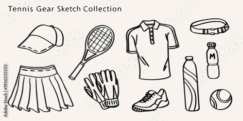A collection of hand drawn sketches depicting essential tennis equipment and attire