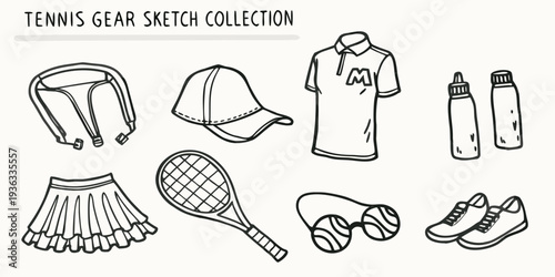 A collection of hand drawn tennis equipment including rackets apparel and accessories