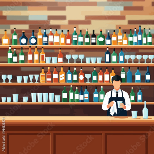 Bartender cleaning glasses behind a bar stocked with bottles and glassware