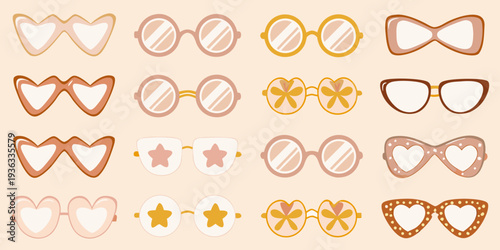 An array of stylish sunglasses in various shapes and warm tones