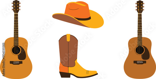 Country Music Festival Elements Vector Illustration Set Featuring Cowboy Hat, Boots, Guitar, and Western Accessories for Event Posters, Invitations, and Music Projects