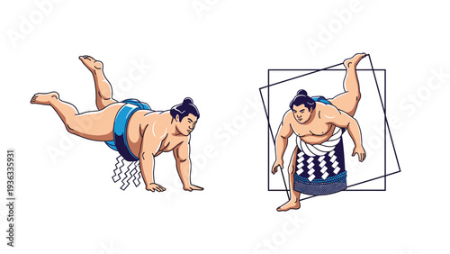 Illustration set of two Japanese sumo wrestlers in different mawashi, demonstrating flexible and powerful training poses and stretches.