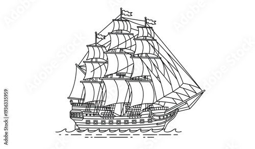 A detailed line drawing of a large sailing ship with multiple masts and sails on calm waters