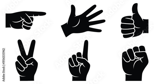 Hand gesture icons set with pointing gesture, open hand palm, thumbs up like symbol, victory sign, index finger up and fist silhouette