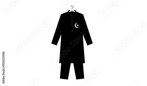 Minimalist black men’s kurta pajama vector with crescent and star for Eid