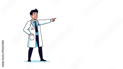 Full-body illustration of a smiling male doctor in a white coat with a stethoscope, pointing to the side to present information.