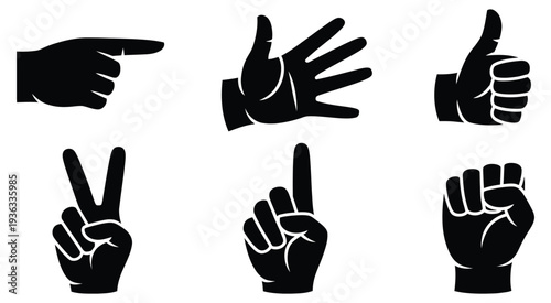 Hand gesture icons set including pointing finger, open palm, thumbs up, victory sign, index finger up and fist silhouette