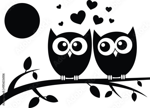 Owl couple silhouette, tree branch love, romantic hearts design, moon background illustration, nature wildlife artwork, companionship affection decorative vector