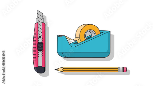 Simple flat design illustration of common office and craft supplies, including a red utility knife, a tape dispenser, and a pencil.
