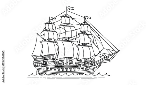 A detailed line drawing of a large sailing ship with multiple masts and sails on the water