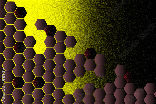 Yellow Hexagon Tech Background — Dark Honeycomb Grid With Metallic Gold Noise Texture