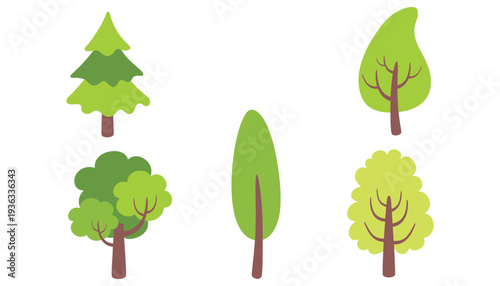 Tree vector illustration collection featuring various green tree silhouettes and icons