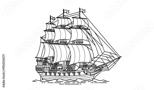 Vintage sailing ship with multiple masts and billowing sails on calm waters