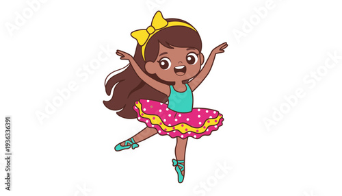 A cartoon ballerina girl in a colorful outfit dancing with joy