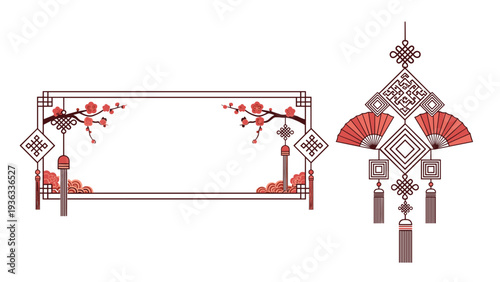Set of elegant Chinese decorative elements including a rectangular frame and a hanging ornament with fans and plum blossoms.