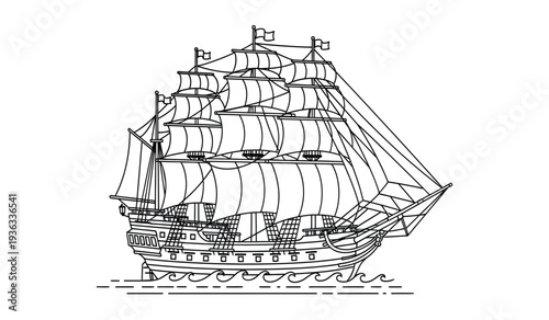 Vintage sailing ship with multiple masts and billowing sails on calm waters