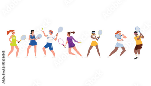 Tennis players illustration with diverse group of people playing tennis together