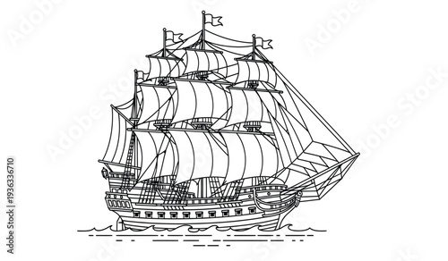A detailed illustration of a large sailing ship with multiple masts and sails on the water